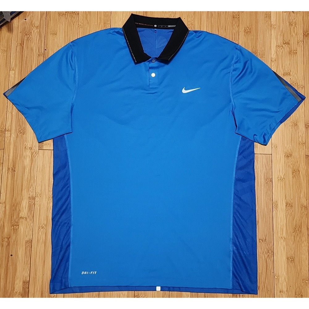 Nike Golf Tiger Woods Polo Shirt Mens Large Blue Black Dri-Fit 685857-408